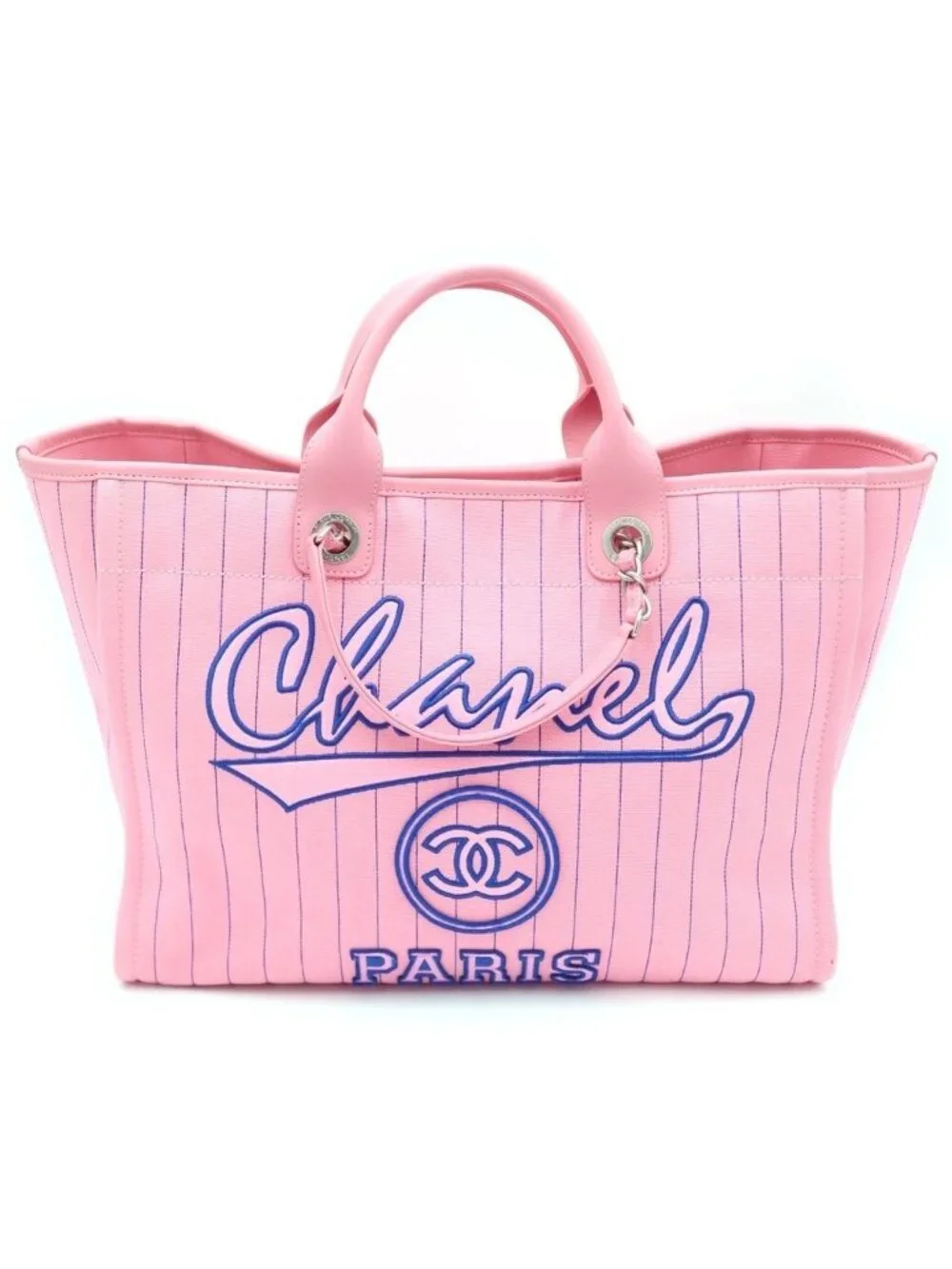 Chanel Deauville GM Canvas Leather Silver 2-Way Chain Tote Plate Pink